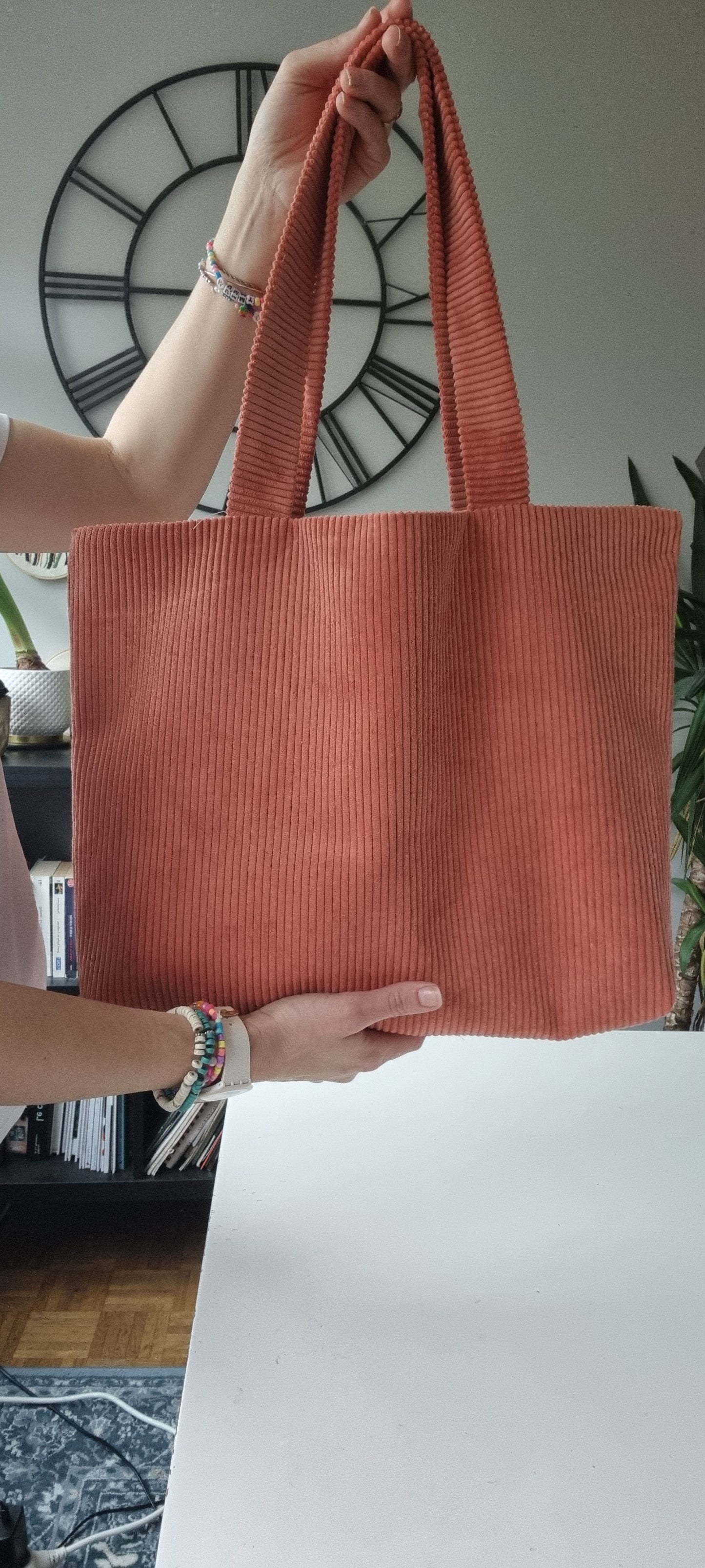 Sac cabas velours côtelé corail