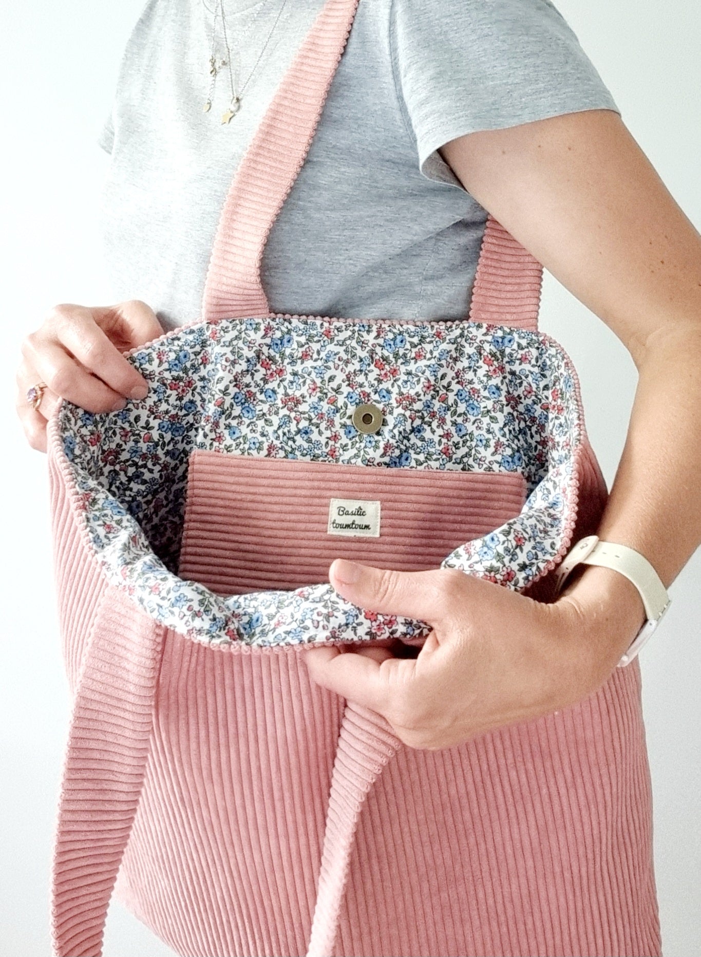 Sac cabas velours côtelé rose