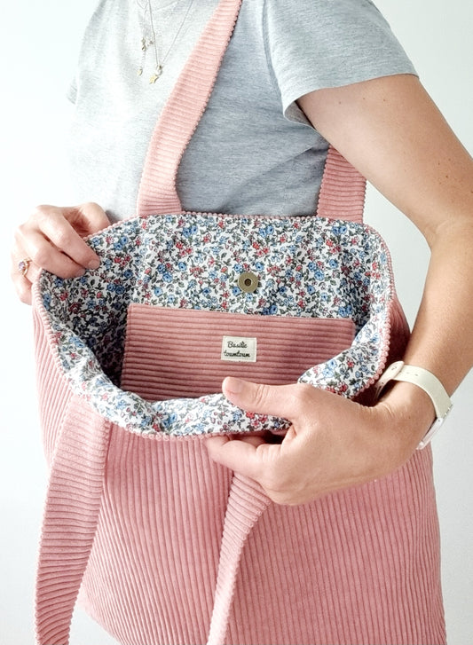 Sac cabas velours côtelé rose