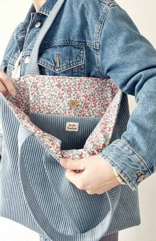 Sac cabas velours côtelé bleu denim