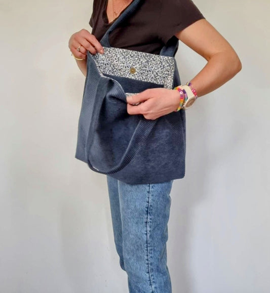 Sac cabas velours côtelé marine