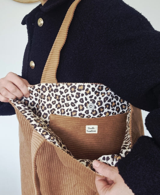 Sac cabas velours côtelé leopard