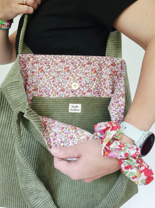 Sac cabas velours côtelé vert olive